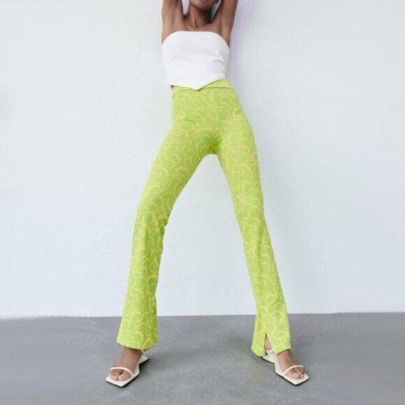 NWT Zara lime green & yellow jacquard high rise flared leggings, S - Picture 3 of 10